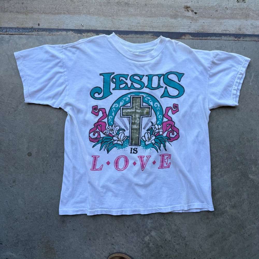 Vintage Jesus Is Love Graphic T-Shirt White Single Stitch Religious 90s Large